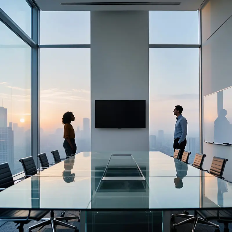 Two professionals face a sunrise skyline from a quiet conference room, reflecting on a future of shrinking attention spans.