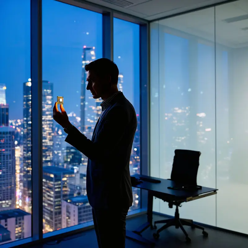 A product leader studies a small AI accelerator module against the backdrop of a glowing city skyline.