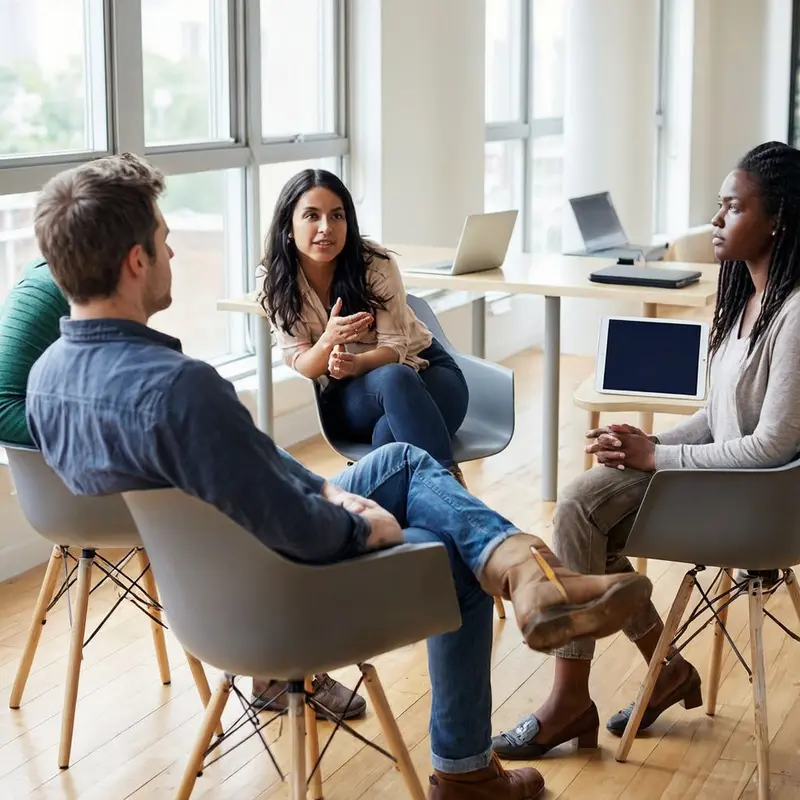 A small group of developers sit in a bright lounge, talking together away from their devices.