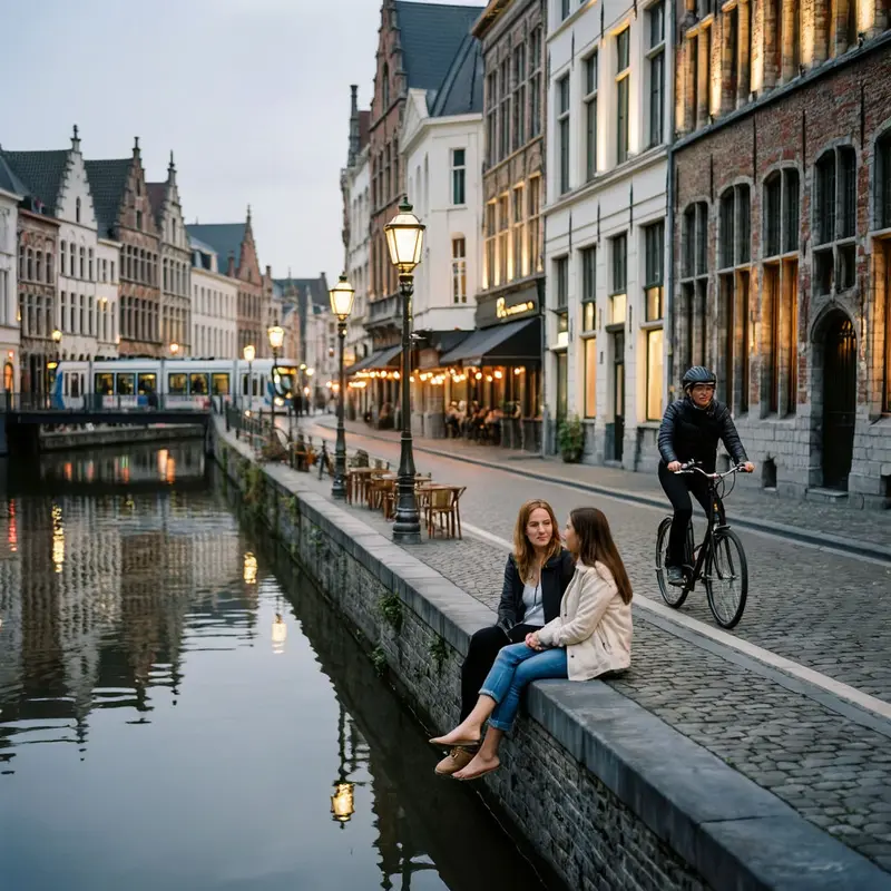 Locals relax by Ghent’s medieval canals as bikes and trams move slowly through the calm city center.