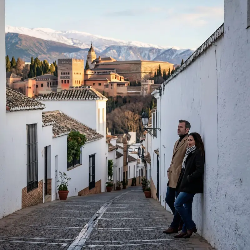 Travelers linger at an Albaicín mirador, gazing over the Alhambra and snowy Sierra Nevada on a clear winter day.