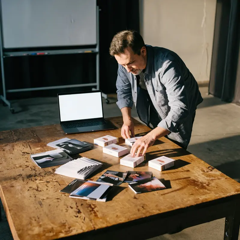 Founder surveying competitor products spread across a table to map the competitive landscape.