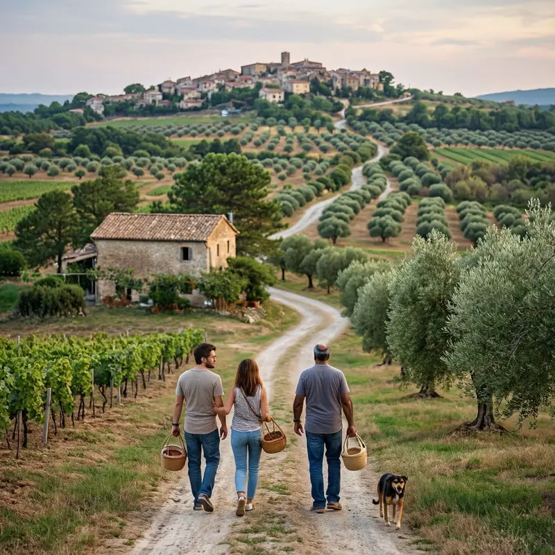Travelers stroll between Istrian vineyards toward a stone hilltown along quiet truffle and wine roads.