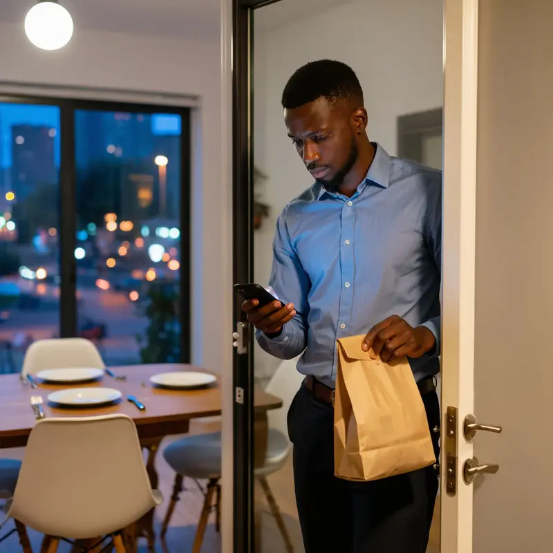 A young professional receives takeout at the door while checking their phone.