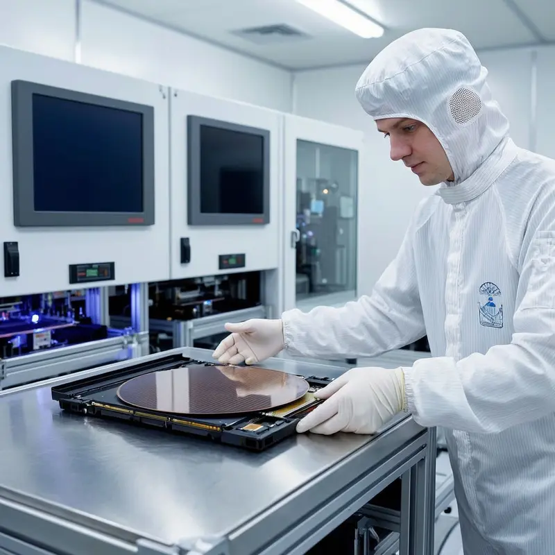 A cleanroom technician inspects a glowing silicon wafer in front of advanced fabrication equipment.