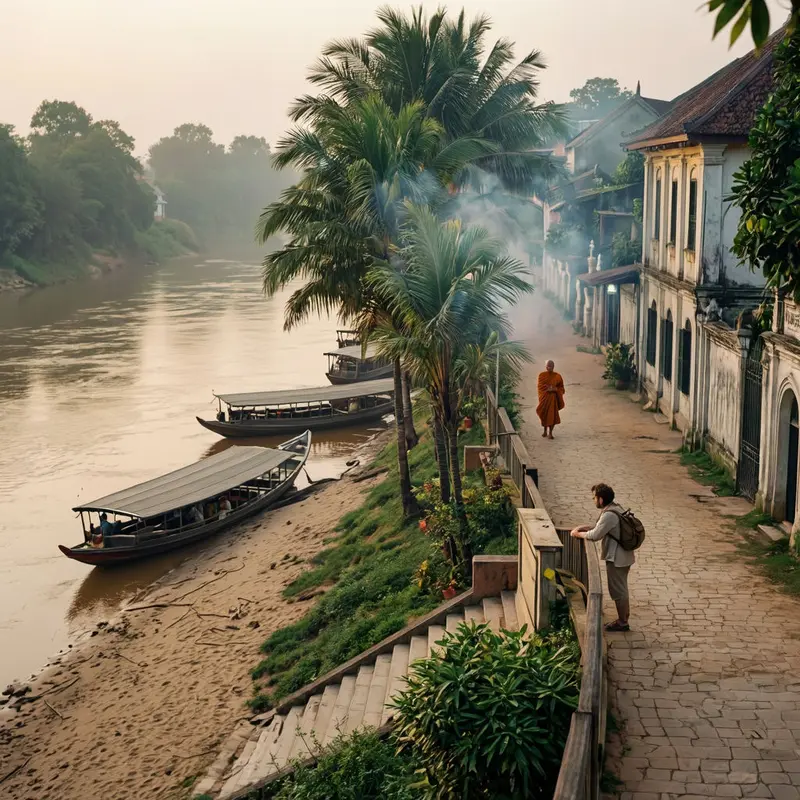 A tranquil Luang Prabang riverside at dawn, with boats, temples, and soft mist over the Mekong.