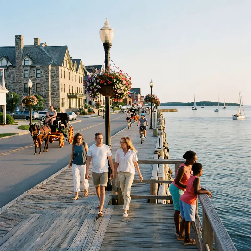 Horse-drawn carriages and cyclists move leisurely along Mackinac Island’s car-free waterfront at sunset.