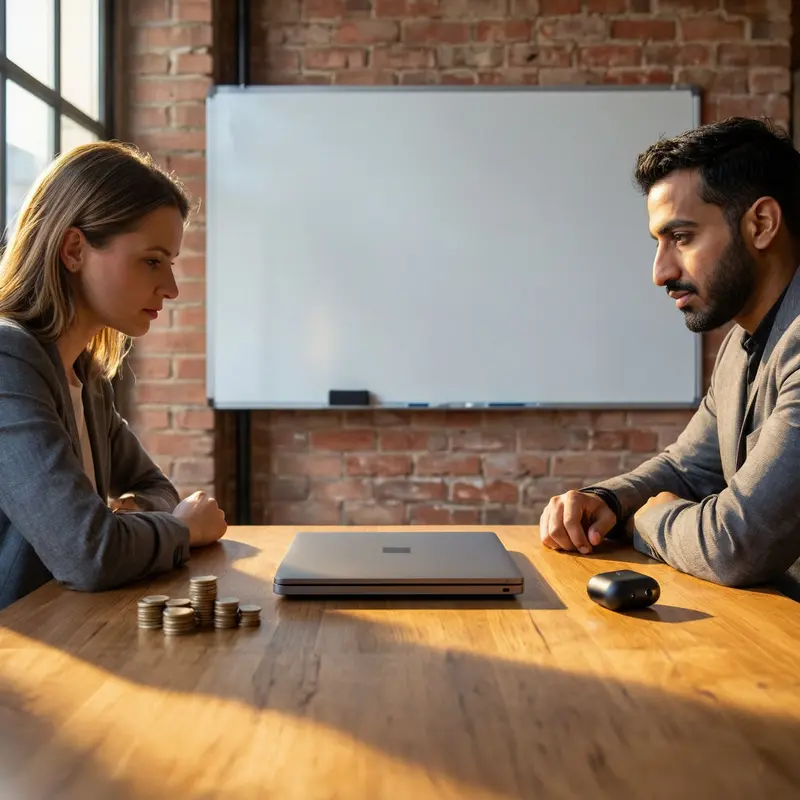 Two colleagues sit over a closed laptop and small stack of coins, contemplating how brief engagement turns into revenue.