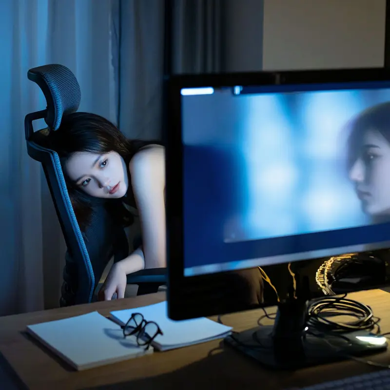A focused woman studies a glowing monitor in a dark office, hinting at invisible systems shaping her next click.