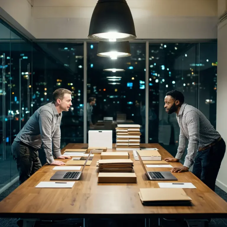 Black and Caucasian founders in a war room setting conducting a fast competitor teardown with boxes and folders on a table.