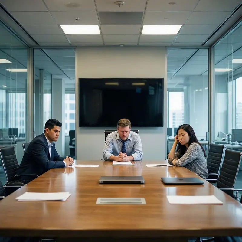 Managers sit in a tense meeting room surrounded by dark screens and untouched devices.