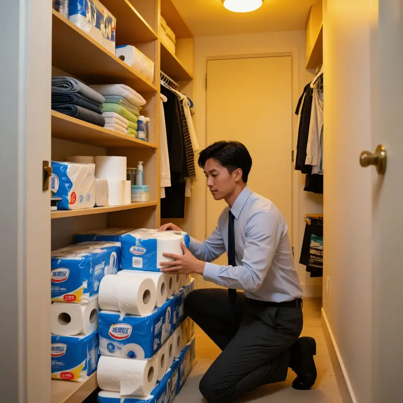 A young professional looks at an overstocked closet filled with toilet paper packs.