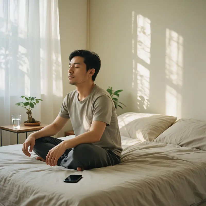 A man takes deliberate quiet time on his bed, phone set aside, to protect his energy without fully disconnecting.