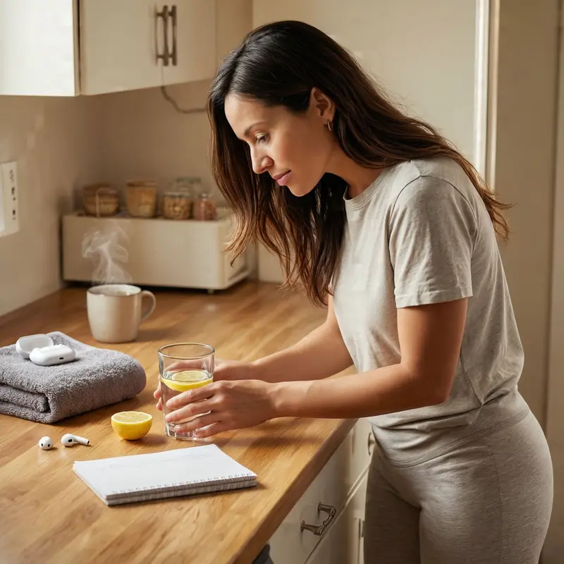 A busy professional quietly lays out water, headphones, and essentials for an easy five-minute morning start.