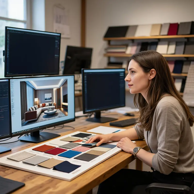 An interior designer quietly evaluates a realistic 3D room render to simplify complex planning decisions.