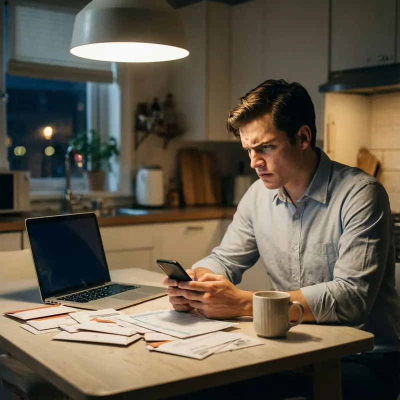 A young professional reviews app charges at the kitchen table late at night.