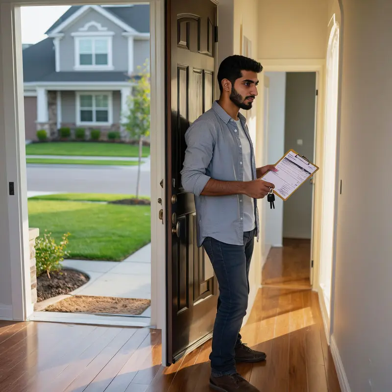 A homeowner studies a service invoice while looking out over a freshly cut lawn.
