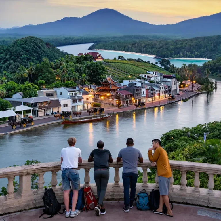 Group of travelers resting at a scenic overlook with islands, rivers, towns, beaches, and mountains that reflect slow travel destinations in 2026.
