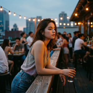 An introverted woman quietly withdraws from a lively rooftop gathering, reflecting the hidden cost of always being socially ‘on.’