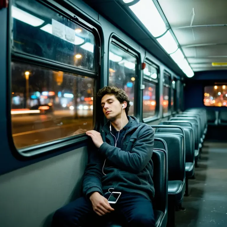 Young adult showing signs of social energy burnout sits alone on a night bus with their phone face down on the seat.