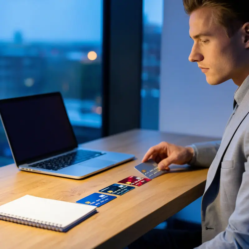 A young professional organizes multiple credit cards on a desk at dusk.