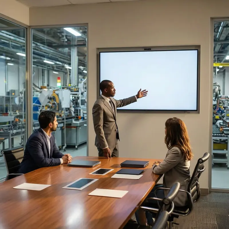 Executives in a glass-walled room discuss strategy while a fabrication plant floor looms in the background.