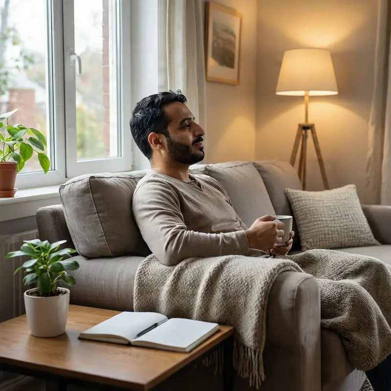 A man enjoys a calm, repeatable five-minute morning ritual that feels easy to maintain long-term.