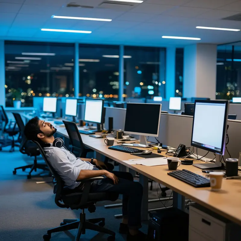 An exhausted engineer works alone in a mostly empty office late at night.