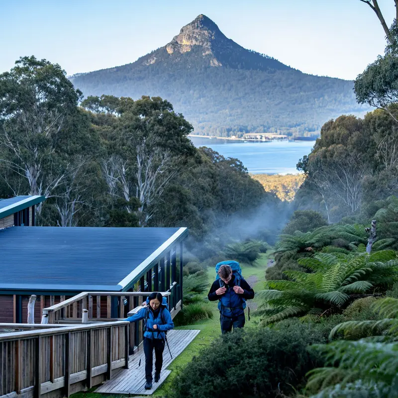 Hikers prepare to follow a forest trail from a Tasmanian lodge with kunanyi/Mount Wellington rising beyond.