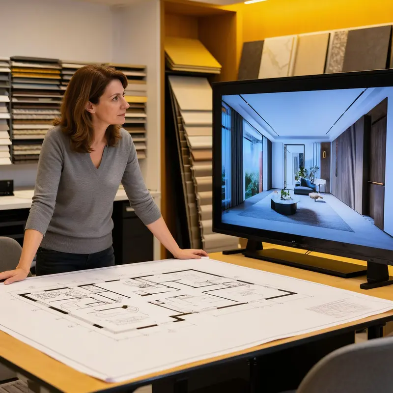A designer contrasts a flat 2D plan with an immersive 3D view in a modern studio.