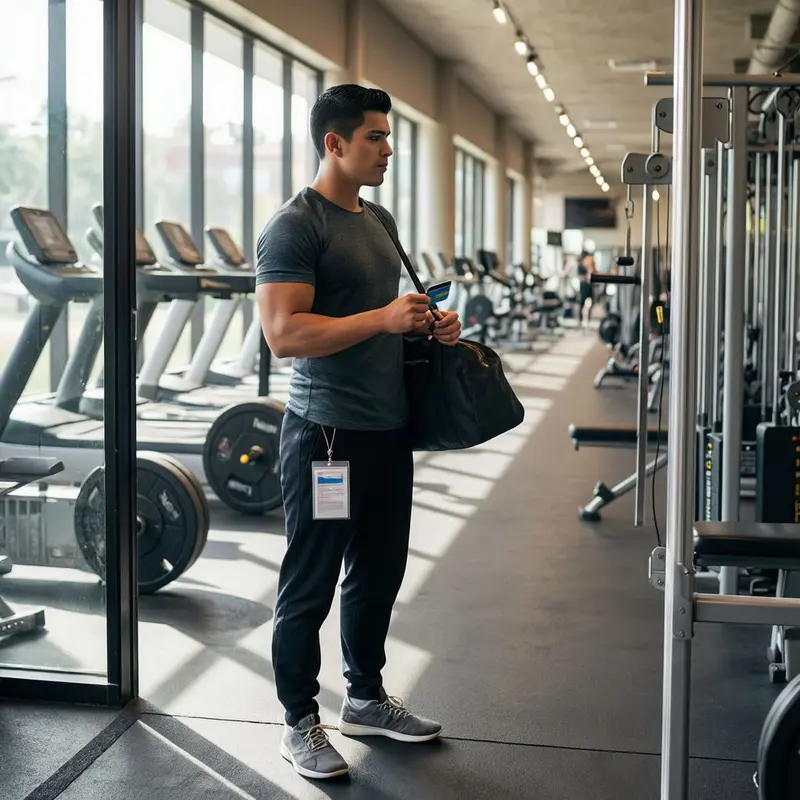 A gym member pauses at the entrance, hesitating before using their membership.