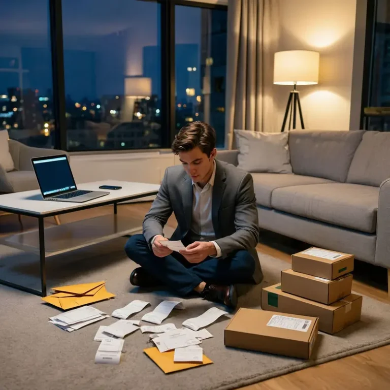 Caucasian young professional organizing bills and subscription boxes at home to stop small recurring expenses that leak money over time.