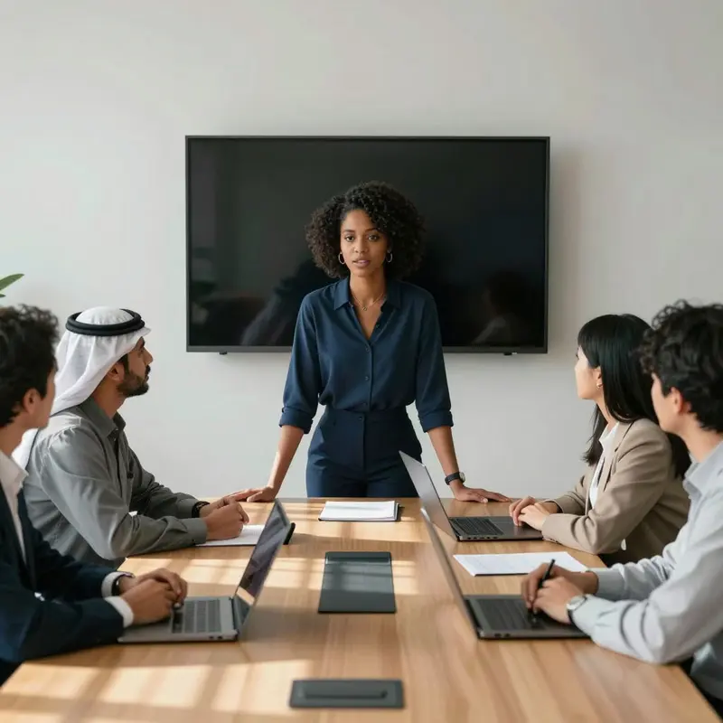 A team discusses how to adapt budgets for human-first work in an AI-enabled conference room.