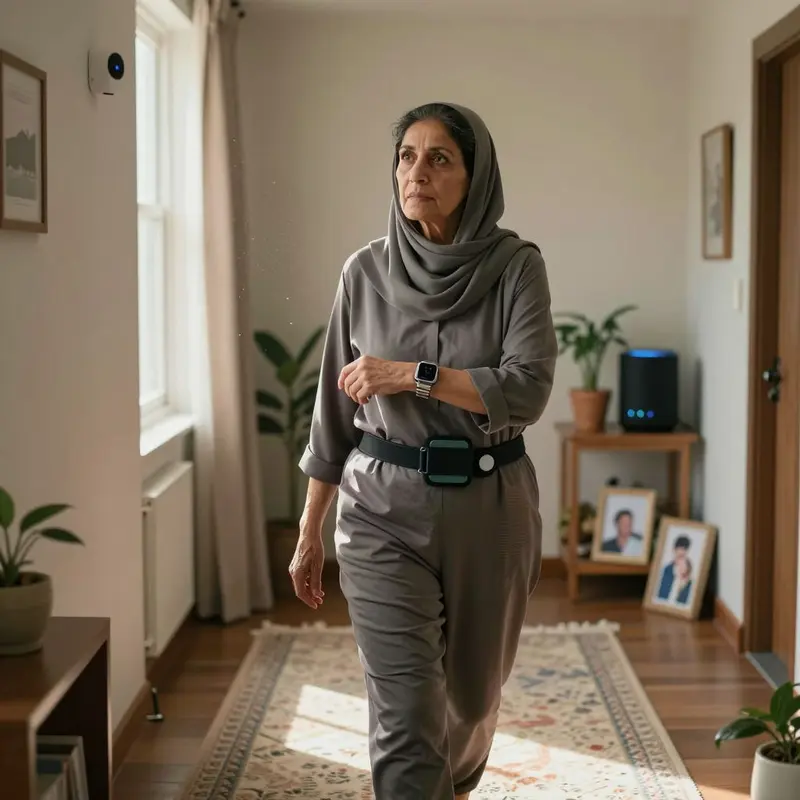Older woman walks past subtle home sensors while wearing a smartwatch in a sunlit hallway.