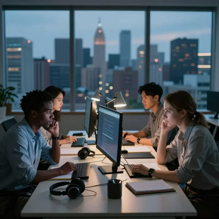 Black, Asian, and Caucasian developers sitting at a long desk in a twilight office with dark monitors and city skyline, capturing the AI productivity paradox of longer working hours.