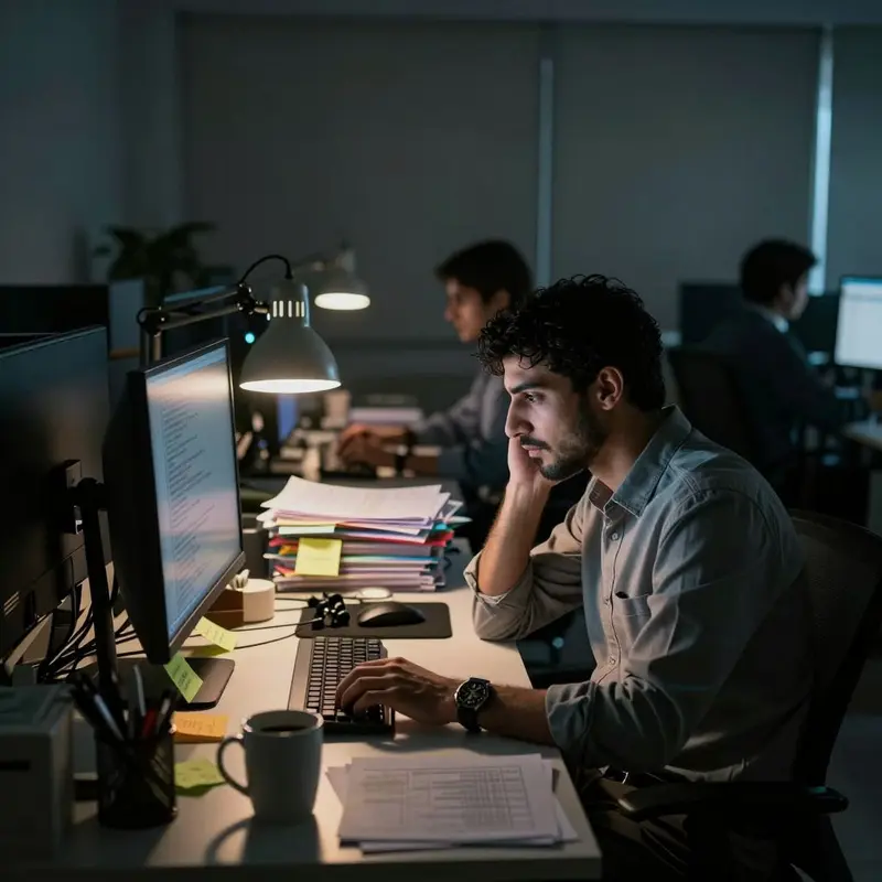 A developer alone in a late office, feeling the weight of mounting review work.
