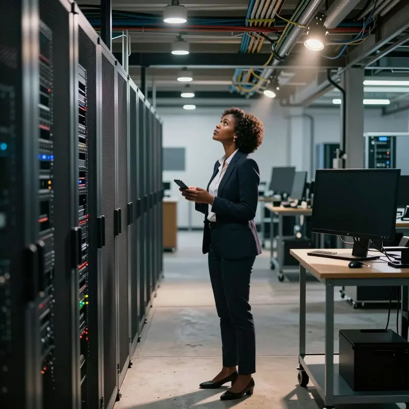 An engineer studies overhead infrastructure while managing real-time system demands.