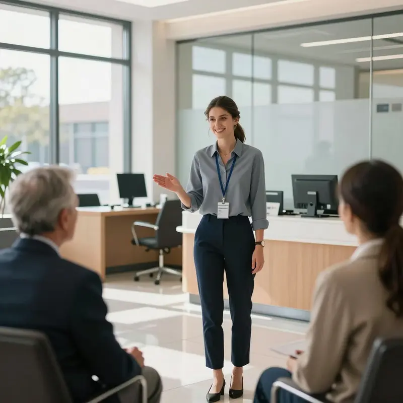 Bank intern assists a client in a bright, modern branch lobby during a summer customer service shift.