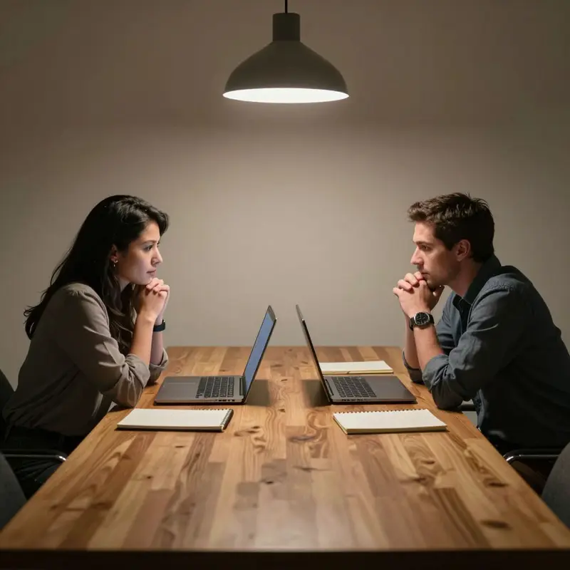 Two colleagues sit across a table, quietly weighing the trade-offs of AI use in CRM.