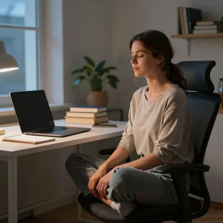 A woman meditates in a quiet home office with her laptop closed, illustrating meditation for burnout recovery beyond apps.
