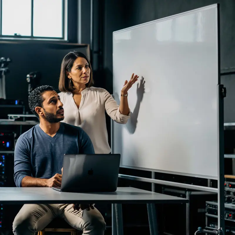 A small team pauses in front of an empty whiteboard, contemplating how to unlock hidden AI capabilities.