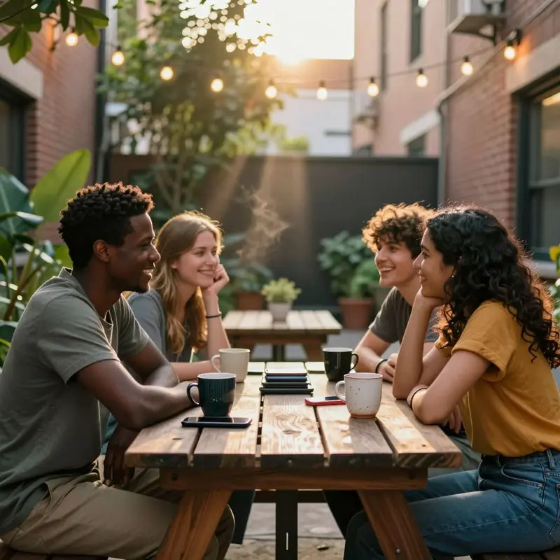 Friends stack their phones away as they share conversation in a warm courtyard, emphasizing in-person presence.