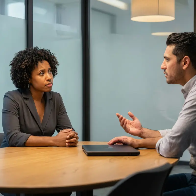 Two professionals sit in quiet discussion, weighing the privacy stakes of everyday AI data decisions.