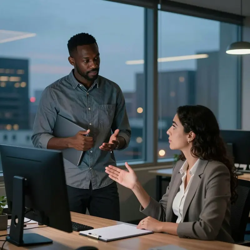 Two colleagues discuss keeping technology costs manageable in a modern office at dusk.