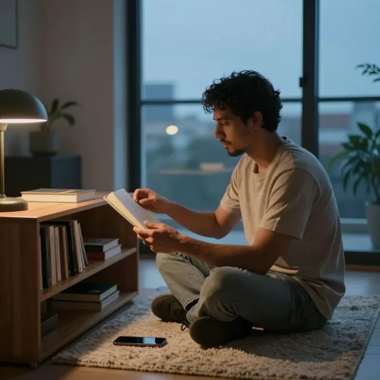 Hispanic man on a rug in a cozy living room reaching for a book with his dark phone set aside, visually representing a choice to escape algorithmic feeds for a calmer mode.