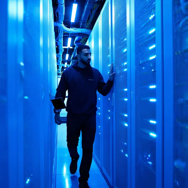 A lone technician walks through a glowing server corridor, symbolizing concentrated control over AI training data.