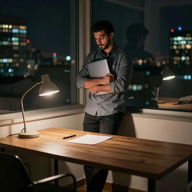 A professional holds a closed laptop in a dark office, emphasizing concern over data privacy.
