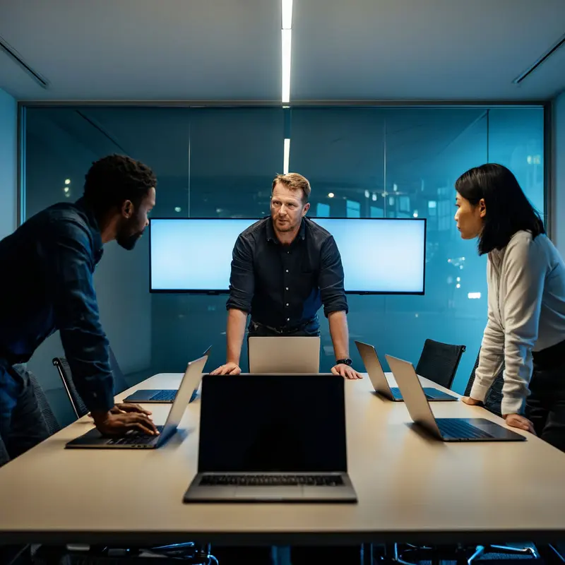 Product leaders gather in a tense strategy session, surrounded by dormant devices that hint at growing AI dependency.