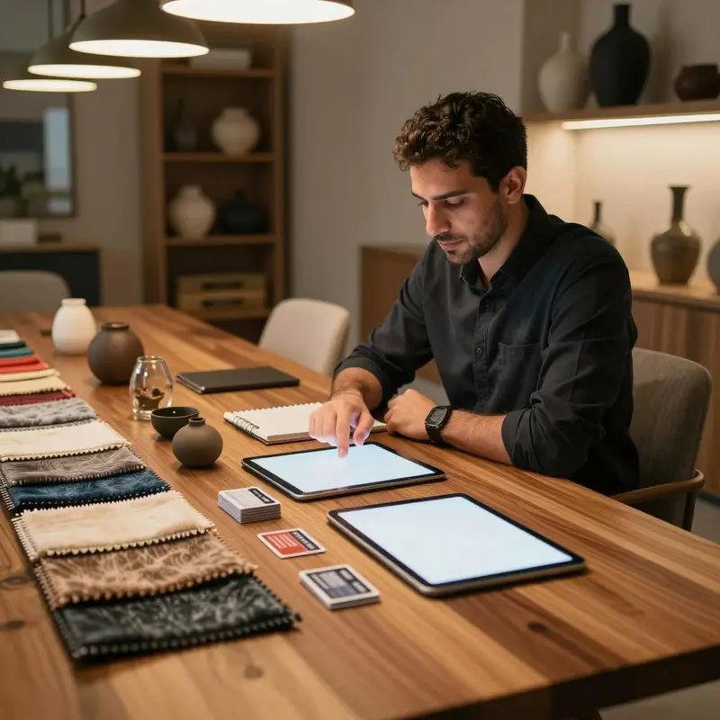 A design manager reviews tokens and decor samples to shape a strategic pricing and access plan.