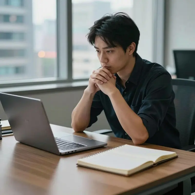 An anxious developer sits alone at night, feeling constant pressure to prove performance.